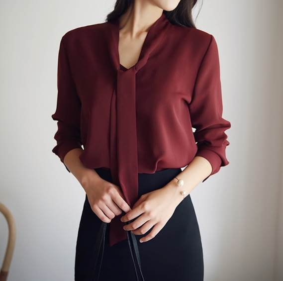 ボウタイ とろみ ブラウス トップス シャツ 袖あり 長袖 Vネック 襟