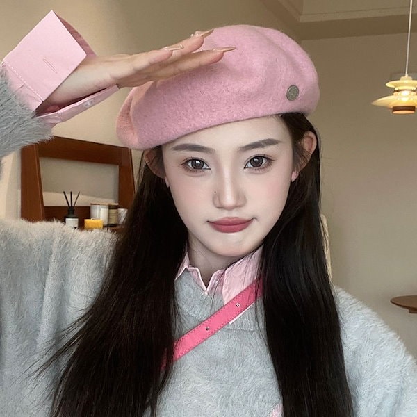 Qoo10] 桜ピンクウールベレー帽レディース秋冬レト