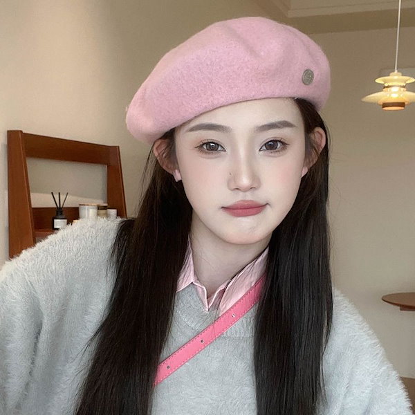Qoo10] 桜ピンクウールベレー帽レディース秋冬レト