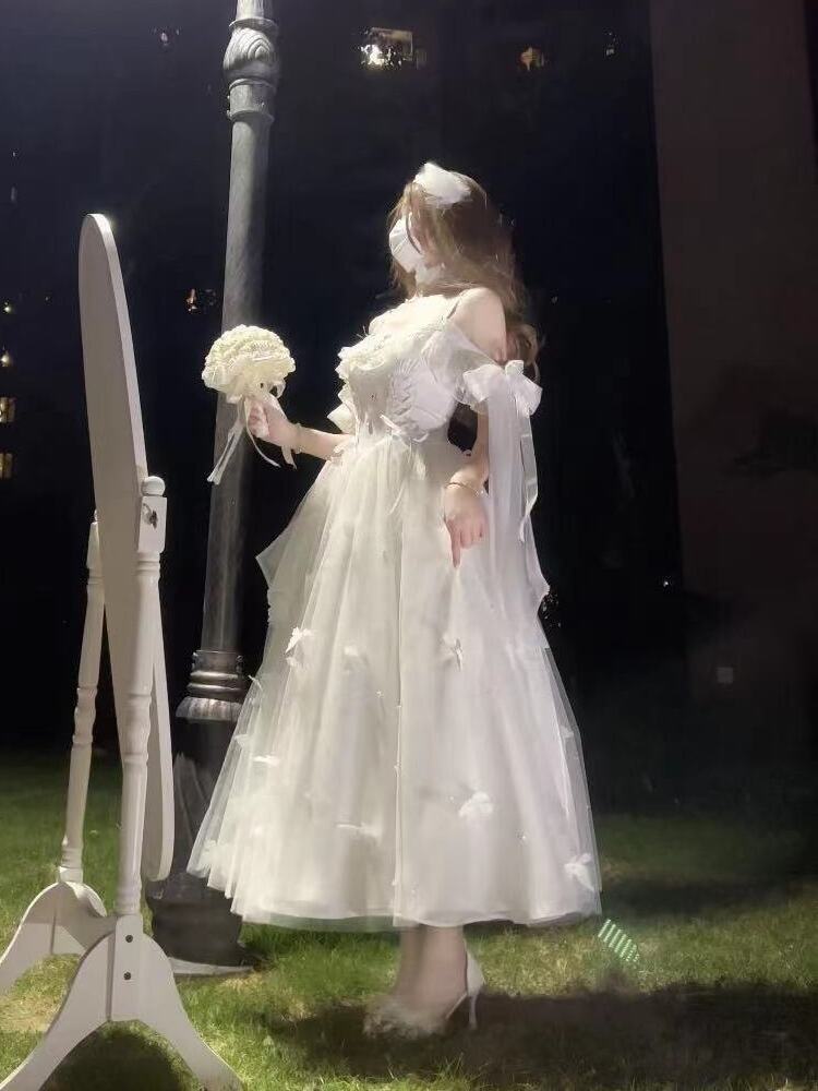 白い夏の風のベルスプリングと夏の白い月明かりの階段蝶のテーマゴッドセンシングスカート