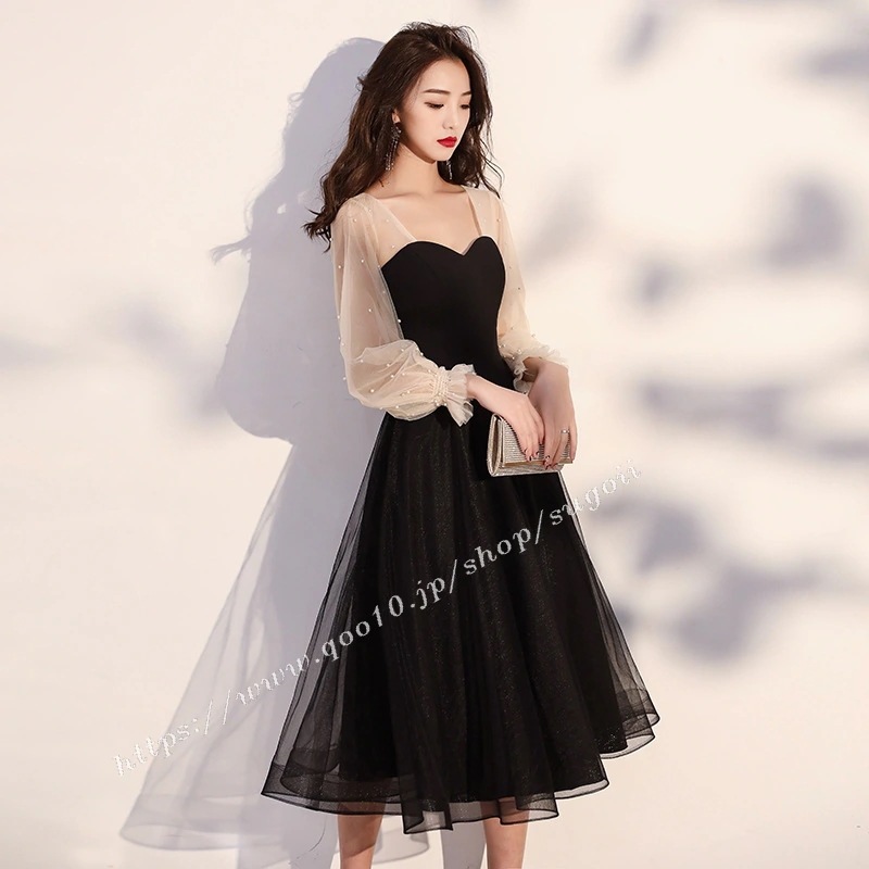 2024新品発売袖あり お呼ばれ 結婚式 パーティードレス フォーマル ミドル丈 忘年会 二次会 長袖 ワンピース30パーセント割引