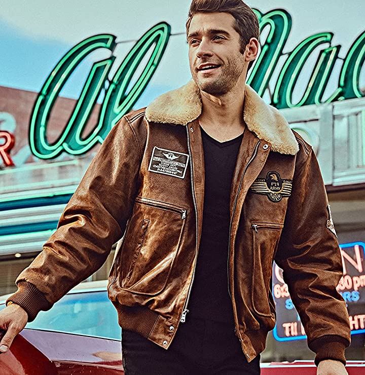 メンズ 本革 ボンバーレザージャケット パイロット コート 革ジャン 取り外し可能ファーカラー( ブラウン, 2XL)