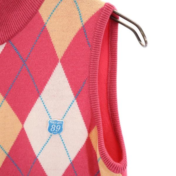 アーガイル ゴルフ ジップアップ ニット ベスト 1 ピンク フリース 切替 ロゴ刺_ レディース