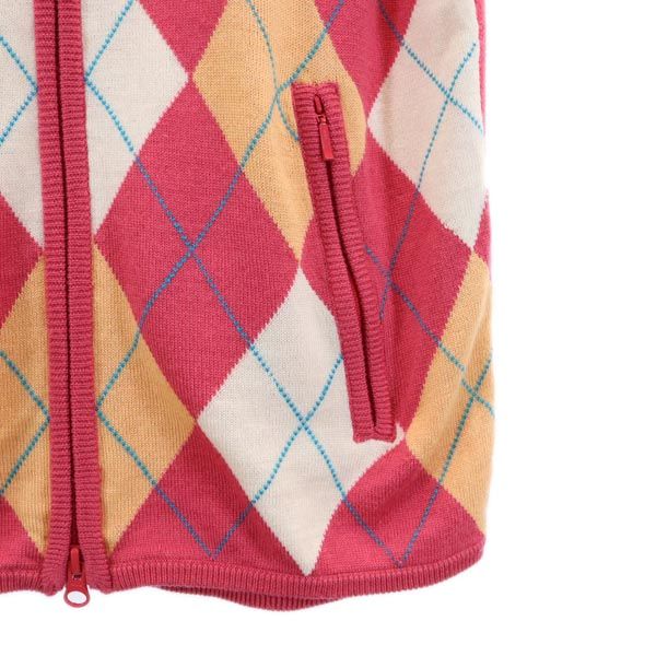 アーガイル ゴルフ ジップアップ ニット ベスト 1 ピンク フリース 切替 ロゴ刺_ レディース