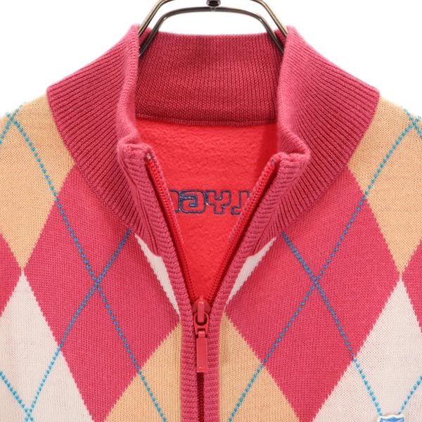 アーガイル ゴルフ ジップアップ ニット ベスト 1 ピンク フリース 切替 ロゴ刺_ レディース