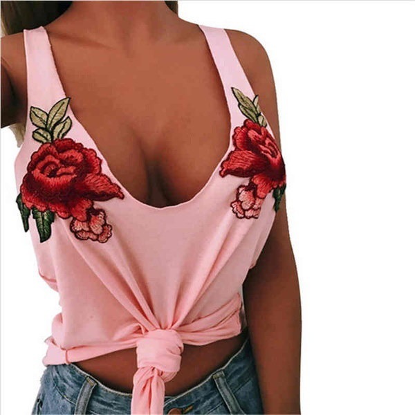 夏の女性ローズ刺繍ロングTシャツノースリーブVネックファッションオールマッチシャツ 夏の女性ローズ刺繍ロングTシャツノースリーブVネックファッションオールマッチシャツ