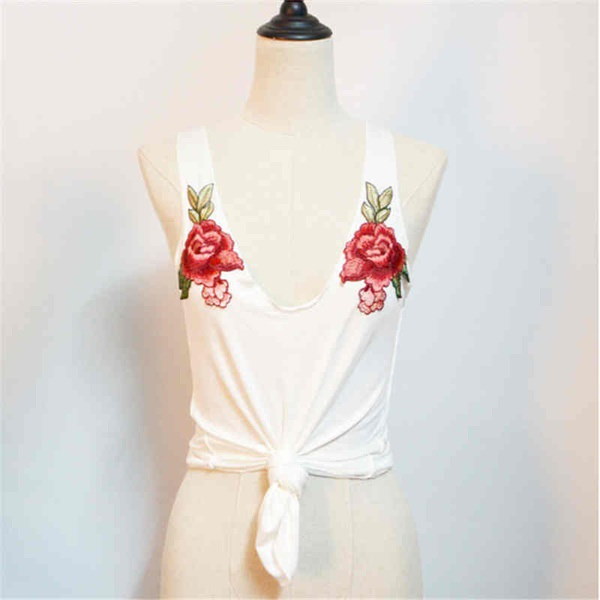 夏の女性ローズ刺繍ロングTシャツノースリーブVネックファッションオールマッチシャツ 夏の女性ローズ刺繍ロングTシャツノースリーブVネックファッションオールマッチシャツ
