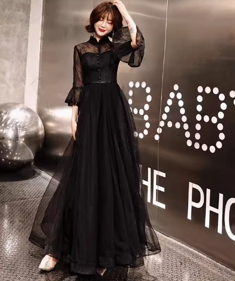 レディース ワンピース ドレス ロング 長袖 フリル袖 襟付き Aライン 背中開き シフォン フリル ウエストマーク 透け感 シースルー かわいい 大人可愛い きれいめ 上品 おしゃれ こなれ感