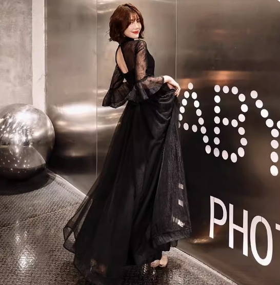 レディース ワンピース ドレス ロング 長袖 フリル袖 襟付き Aライン 背中開き シフォン フリル ウエストマーク 透け感 シースルー かわいい 大人可愛い きれいめ 上品 おしゃれ こなれ感