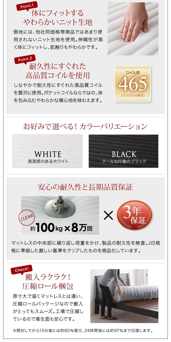 [組立設置付]大型 フロアベッド [ラトゥース] スタンダードポケットコイルマットレス付 ダブル ブラック [マットレス]白