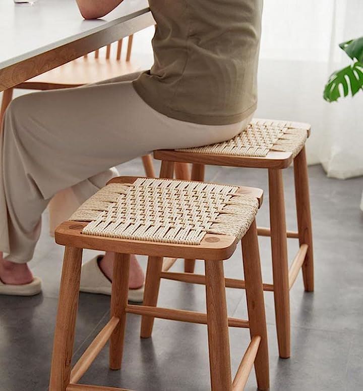 スツール 2脚セット アメリカチェリー 木製 四角 天然木 ラタン 籐 無垢材 チェア 椅子 ウッドスツール いす(ナチュラル, (2脚セット)幅42cmx奥行36cmx高さ45cm)