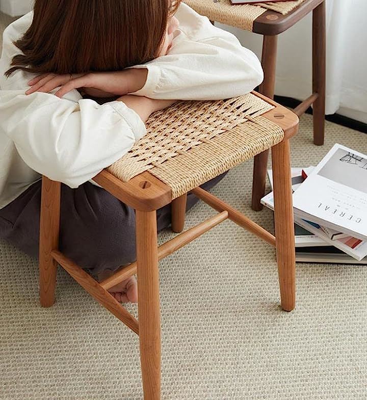 スツール 2脚セット アメリカチェリー 木製 四角 天然木 ラタン 籐 無垢材 チェア 椅子 ウッドスツール いす(ナチュラル, (2脚セット)幅42cmx奥行36cmx高さ45cm)