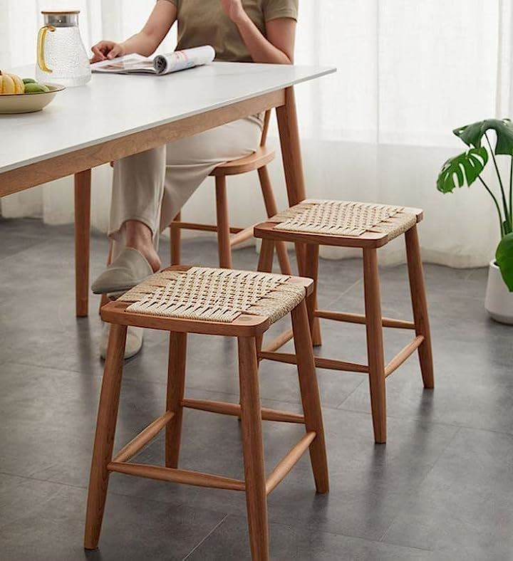 スツール 2脚セット アメリカチェリー 木製 四角 天然木 ラタン 籐 無垢材 チェア 椅子 ウッドスツール いす(ナチュラル, (2脚セット)幅42cmx奥行36cmx高さ45cm)