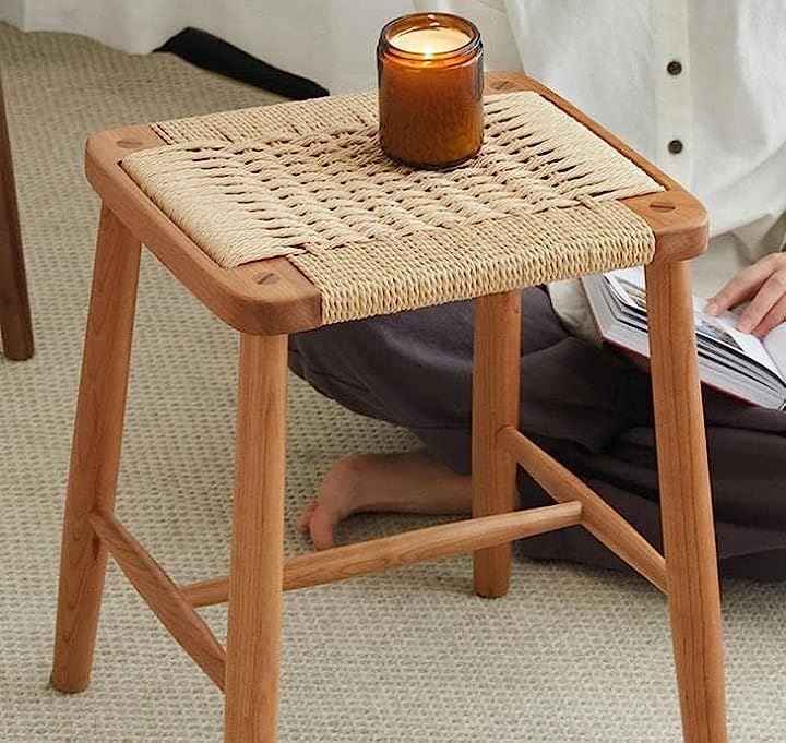 スツール 2脚セット アメリカチェリー 木製 四角 天然木 ラタン 籐 無垢材 チェア 椅子 ウッドスツール いす(ナチュラル, (2脚セット)幅42cmx奥行36cmx高さ45cm)