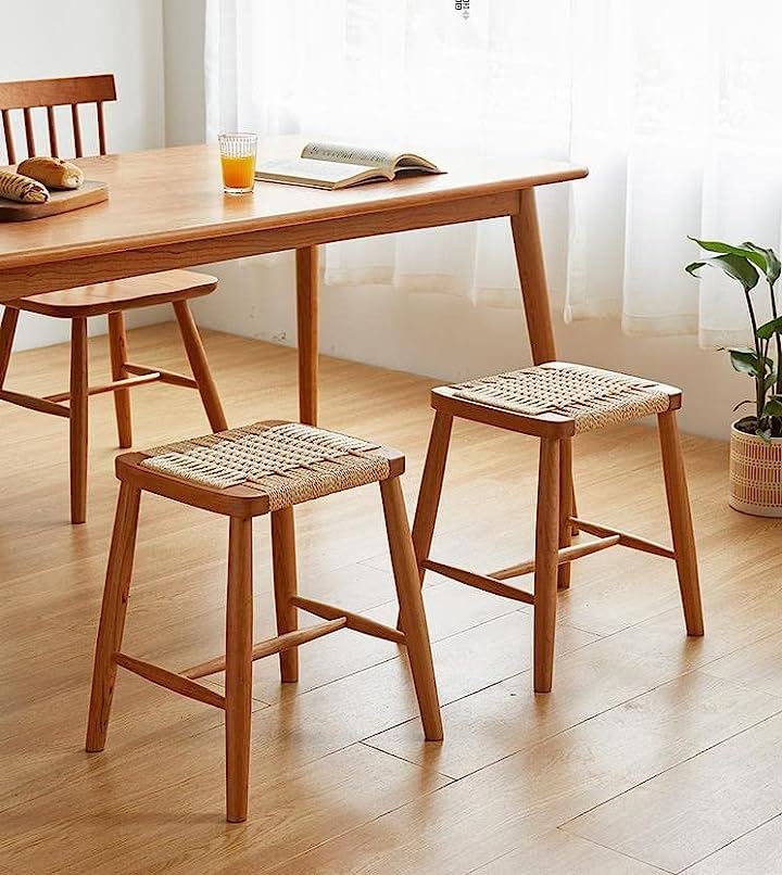 スツール 2脚セット アメリカチェリー 木製 四角 天然木 ラタン 籐 無垢材 チェア 椅子 ウッドスツール いす(ナチュラル, (2脚セット)幅42cmx奥行36cmx高さ45cm)