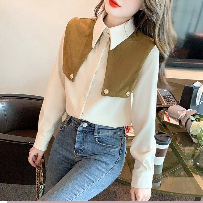 レディース トップス シャツ ブラウス シャツブラウス シフォンシャツ ビックカラー風 ゴールドボタン ポロ襟 襟付き 袖あり 長袖 清楚 大人ガーリー 大人カジュアル 大人フェミニン きれいめ シン