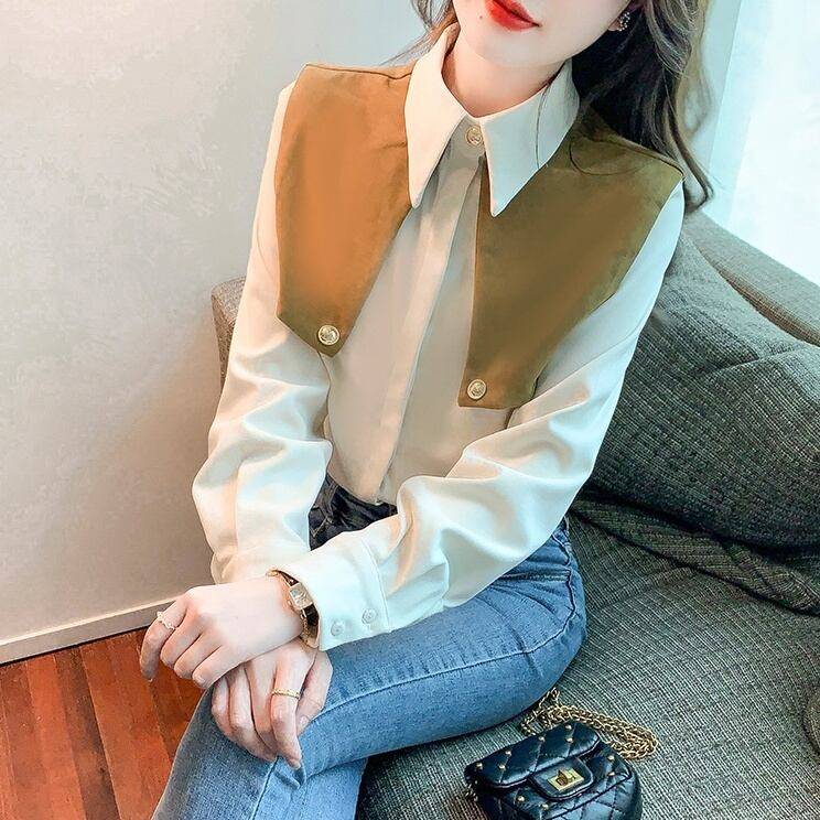 レディース トップス シャツ ブラウス シャツブラウス シフォンシャツ ビックカラー風 ゴールドボタン ポロ襟 襟付き 袖あり 長袖 清楚 大人ガーリー 大人カジュアル 大人フェミニン きれいめ シン
