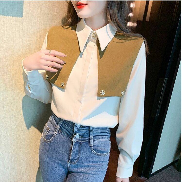 レディース トップス シャツ ブラウス シャツブラウス シフォンシャツ ビックカラー風 ゴールドボタン ポロ襟 襟付き 袖あり 長袖 清楚 大人ガーリー 大人カジュアル 大人フェミニン きれいめ シン