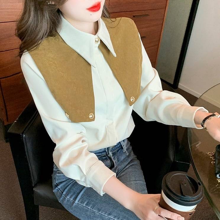 レディース トップス シャツ ブラウス シャツブラウス シフォンシャツ ビックカラー風 ゴールドボタン ポロ襟 襟付き 袖あり 長袖 清楚 大人ガーリー 大人カジュアル 大人フェミニン きれいめ シン