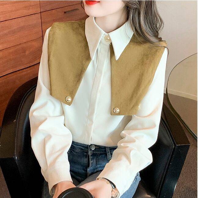レディース トップス シャツ ブラウス シャツブラウス シフォンシャツ ビックカラー風 ゴールドボタン ポロ襟 襟付き 袖あり 長袖 清楚 大人ガーリー 大人カジュアル 大人フェミニン きれいめ シン