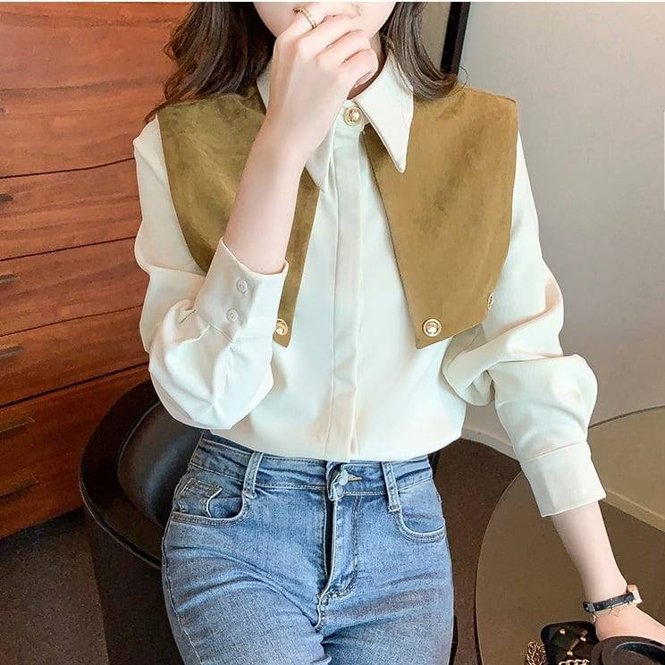 レディース トップス シャツ ブラウス シャツブラウス シフォンシャツ ビックカラー風 ゴールドボタン ポロ襟 襟付き 袖あり 長袖 清楚 大人ガーリー 大人カジュアル 大人フェミニン きれいめ シン