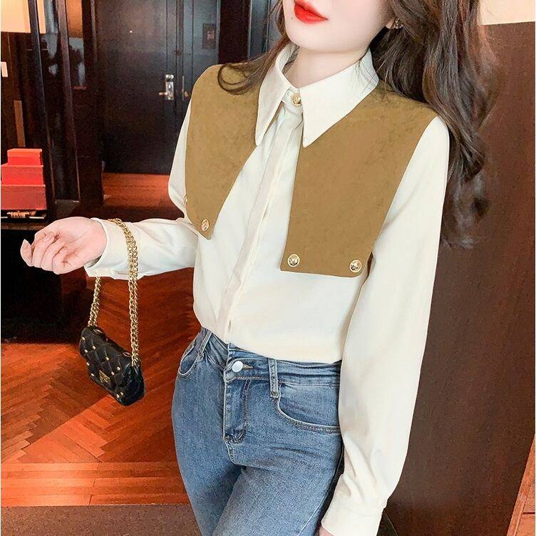 レディース トップス シャツ ブラウス シャツブラウス シフォンシャツ ビックカラー風 ゴールドボタン ポロ襟 襟付き 袖あり 長袖 清楚 大人ガーリー 大人カジュアル 大人フェミニン きれいめ シン