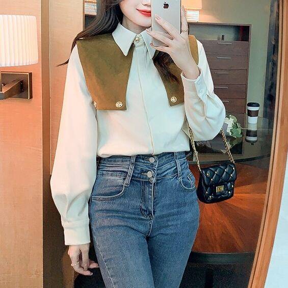 レディース トップス シャツ ブラウス シャツブラウス シフォンシャツ ビックカラー風 ゴールドボタン ポロ襟 襟付き 袖あり 長袖 清楚 大人ガーリー 大人カジュアル 大人フェミニン きれいめ シン