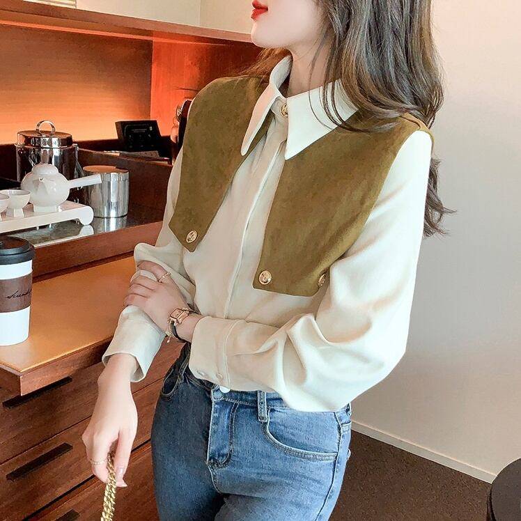 レディース トップス シャツ ブラウス シャツブラウス シフォンシャツ ビックカラー風 ゴールドボタン ポロ襟 襟付き 袖あり 長袖 清楚 大人ガーリー 大人カジュアル 大人フェミニン きれいめ シン