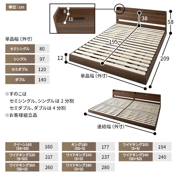 ベッド 低床 連結 ロータイプ すのこ 木製 LED照明付き 宮付き 棚付き コンセント付き シンプル モダン ブラウン ワイドキング200(S+S) ボンネルコイルマットレス付き ベッド 低床 連結 ロータイプ すのこ 木製 LED照明付き 宮付き 棚付き コンセント付き シンプル モダン ブラウン ワイドキング200(S+S) ボンネルコイルマットレス付き