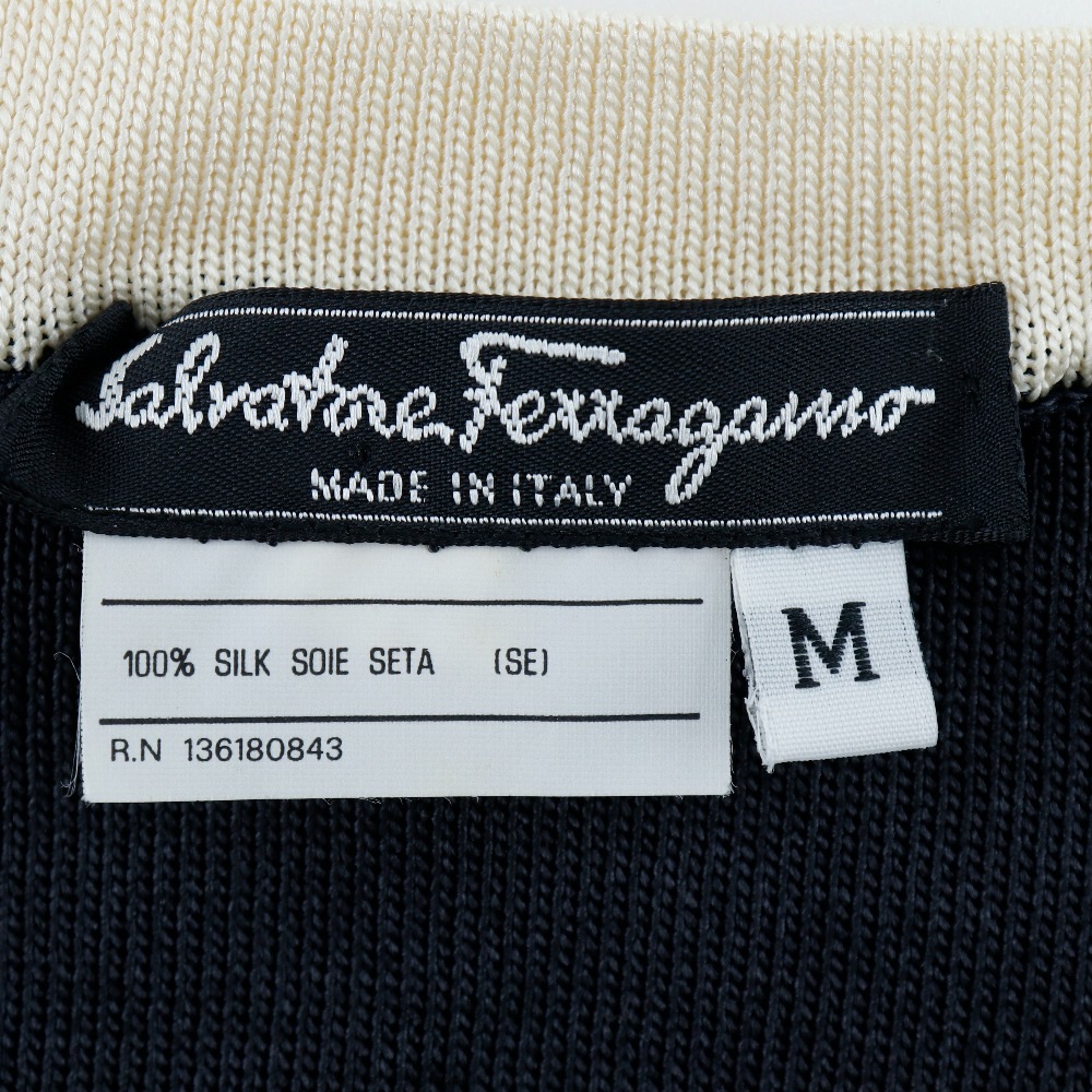 Salvatore Ferragamo サルヴァトーレフェラガモ Vネック パイピング カーディガン シルク 黒 白 レディース 中古品 A-ランク