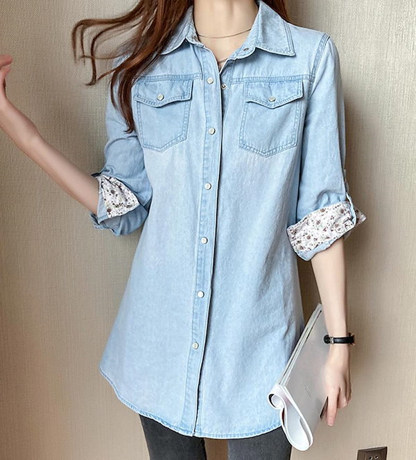 Qoo10] デニムシャツ レディース 長袖 チュニッ