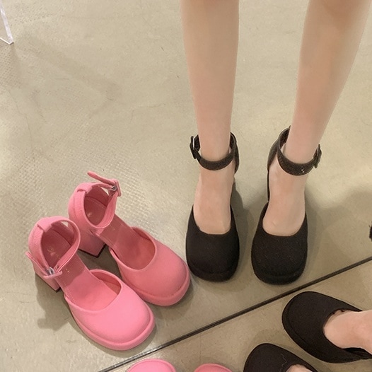 シューズ レディース ハイヒール レトロ 22.5cm 23cm 23.5cm 24cm 24.5cm 韓国 カラバリ くつ 靴 プラットフォーム チャンキーヒール 太ヒール 厚底 アンクルストラップ