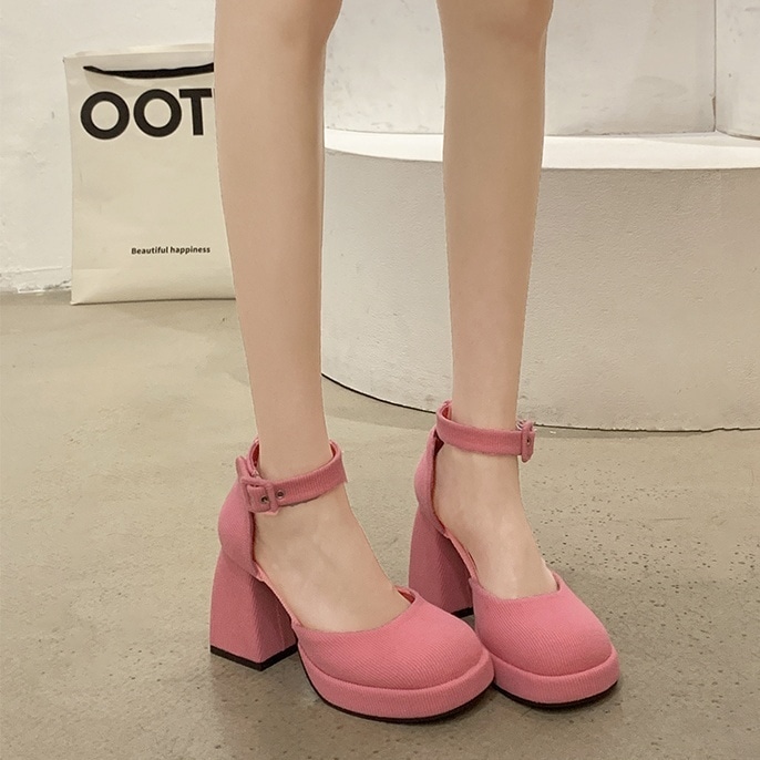 シューズ レディース ハイヒール レトロ 22.5cm 23cm 23.5cm 24cm 24.5cm 韓国 カラバリ くつ 靴 プラットフォーム チャンキーヒール 太ヒール 厚底 アンクルストラップ