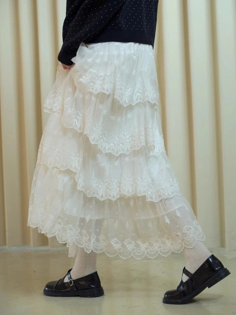 無地 フリル ウエストゴム ティアード フレア/Aライン ロングスカート [ホワイト]