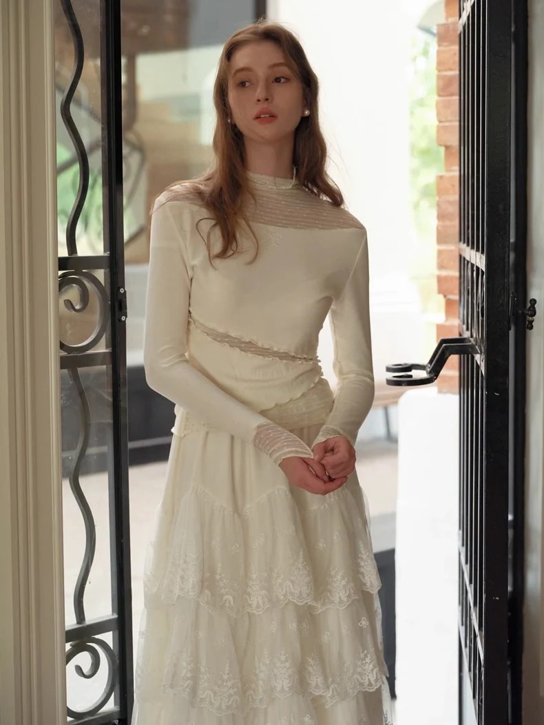 無地 フリル ウエストゴム ティアード フレア/Aライン ロングスカート [ホワイト]