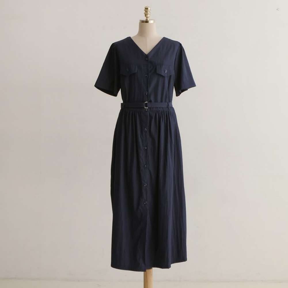 [Elysia] フリル付きベルト付きVショートスリーブドレス