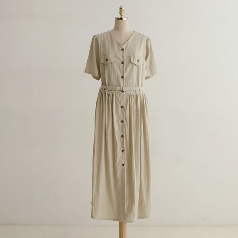 [Elysia] フリル付きベルト付きVショートスリーブドレス