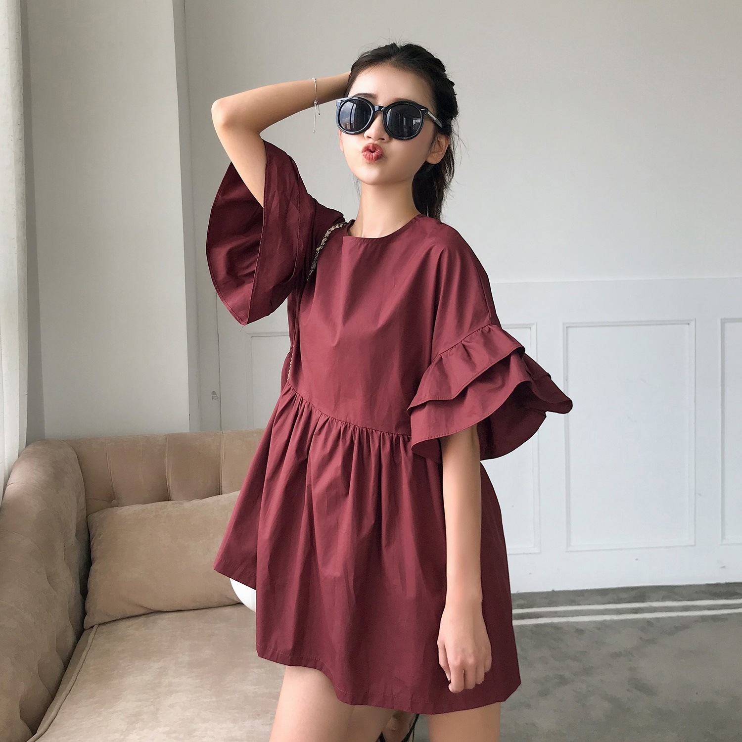 1682.フレアスリーブミニワンピース(ワインレッド)2019 春夏 sale カジュアル 通学 お出かけ デート 女子会 カフェ ランチ お呼ばれ 普段使い 1682.フレアスリーブミニワンピース(ワインレッド)2019 春夏 sale カジュアル 通学 お出かけ デート 女子会 カフェ ランチ お呼ばれ 普段使い