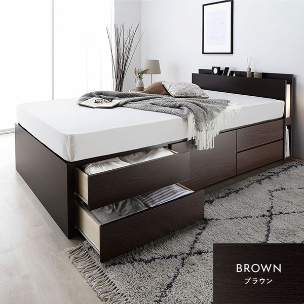 [組立設置サービス付き]日本製 照明付き チェストベッド 通常床板タイプ ショート丈 セミシングル シャビーオーク 日本製薄型ポケットコイルマットレス付き