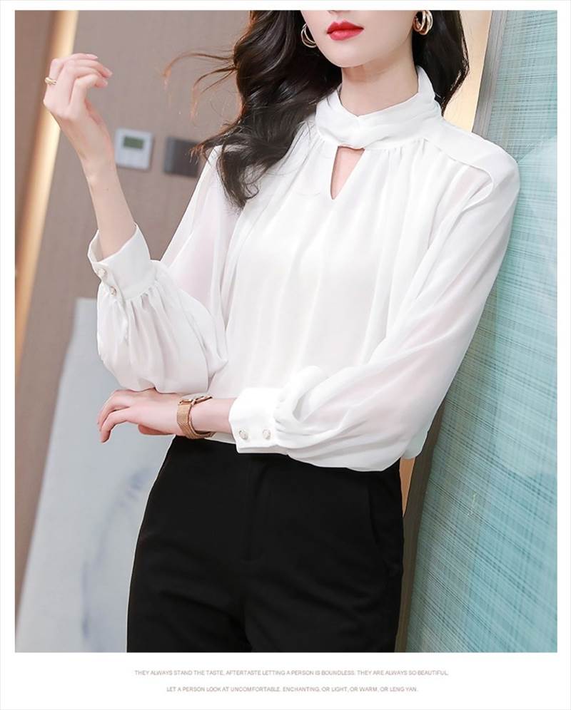 トップス ブラウス シフォンシャツ 長袖 ハイネック スタンドカラー