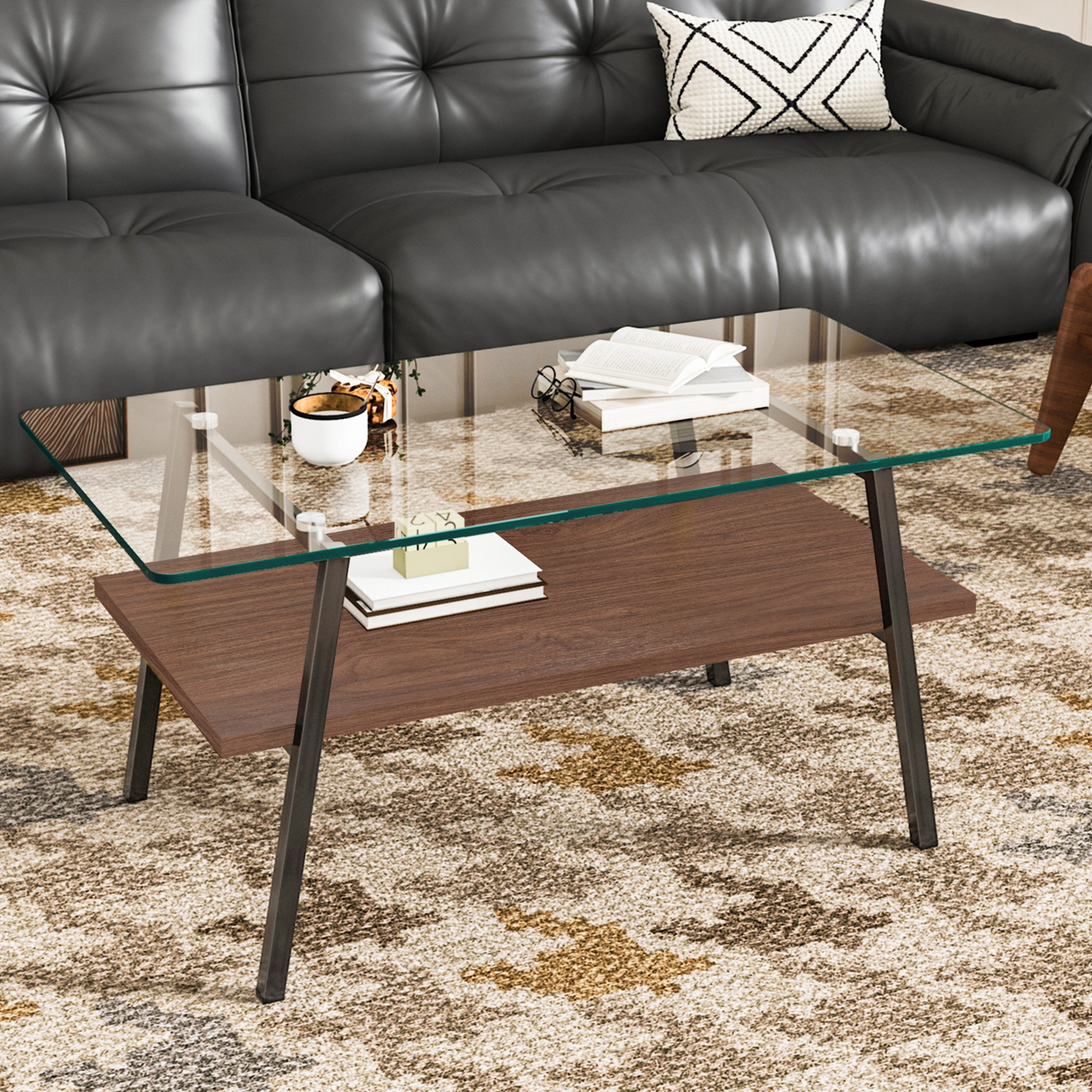 【国内出荷-送.料.無.料】モダン長方形コーヒーテーブル強化ガラス天板+MDF収納棚リビング用クリアガラス+ブラック脚~65 【国内出荷-送.料.無.料】モダン長方形コーヒーテーブル強化ガラス天板+MDF収納棚リビング用クリアガラス+ブラック脚~65