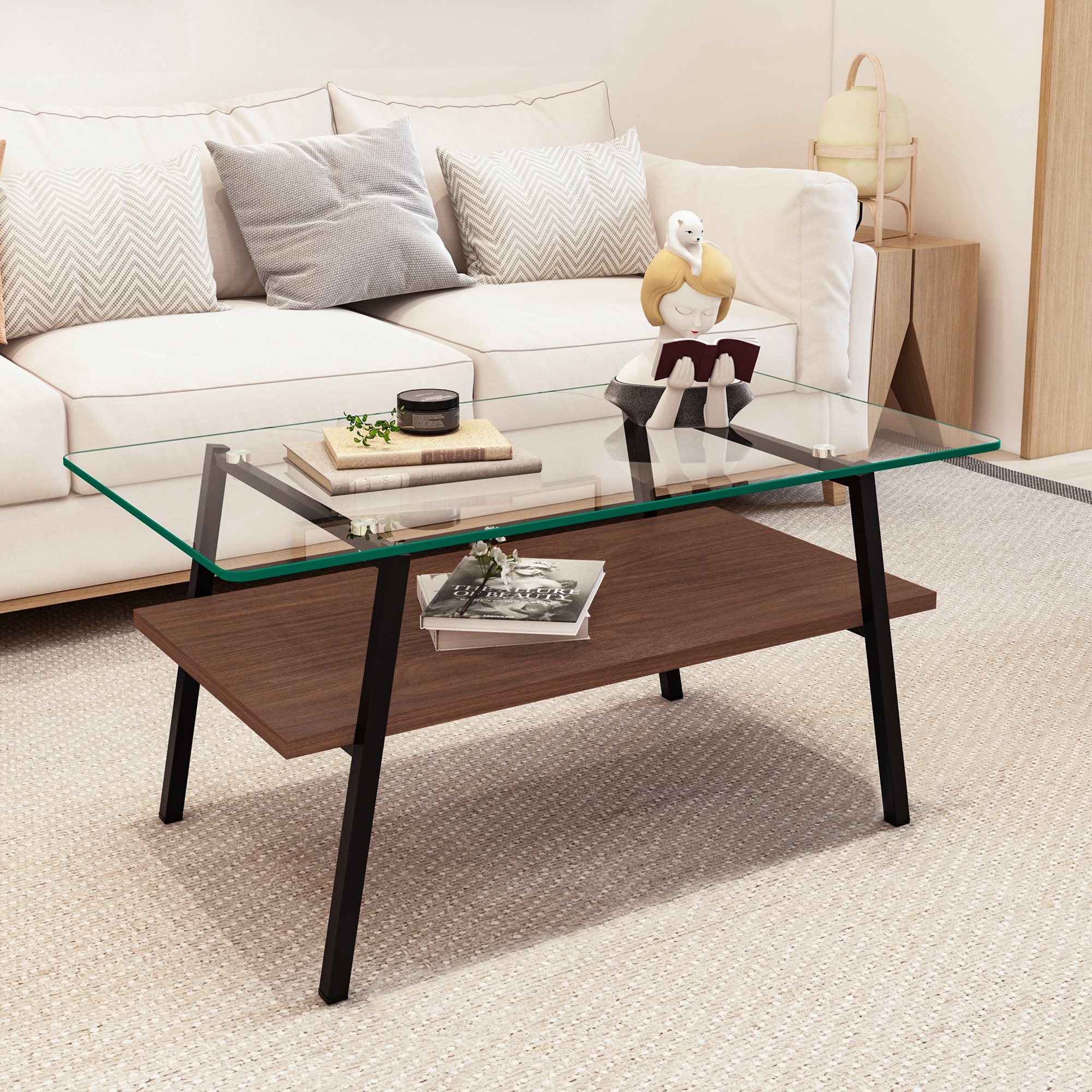 【国内出荷-送.料.無.料】モダン長方形コーヒーテーブル強化ガラス天板+MDF収納棚リビング用クリアガラス+ブラック脚~65 【国内出荷-送.料.無.料】モダン長方形コーヒーテーブル強化ガラス天板+MDF収納棚リビング用クリアガラス+ブラック脚~65