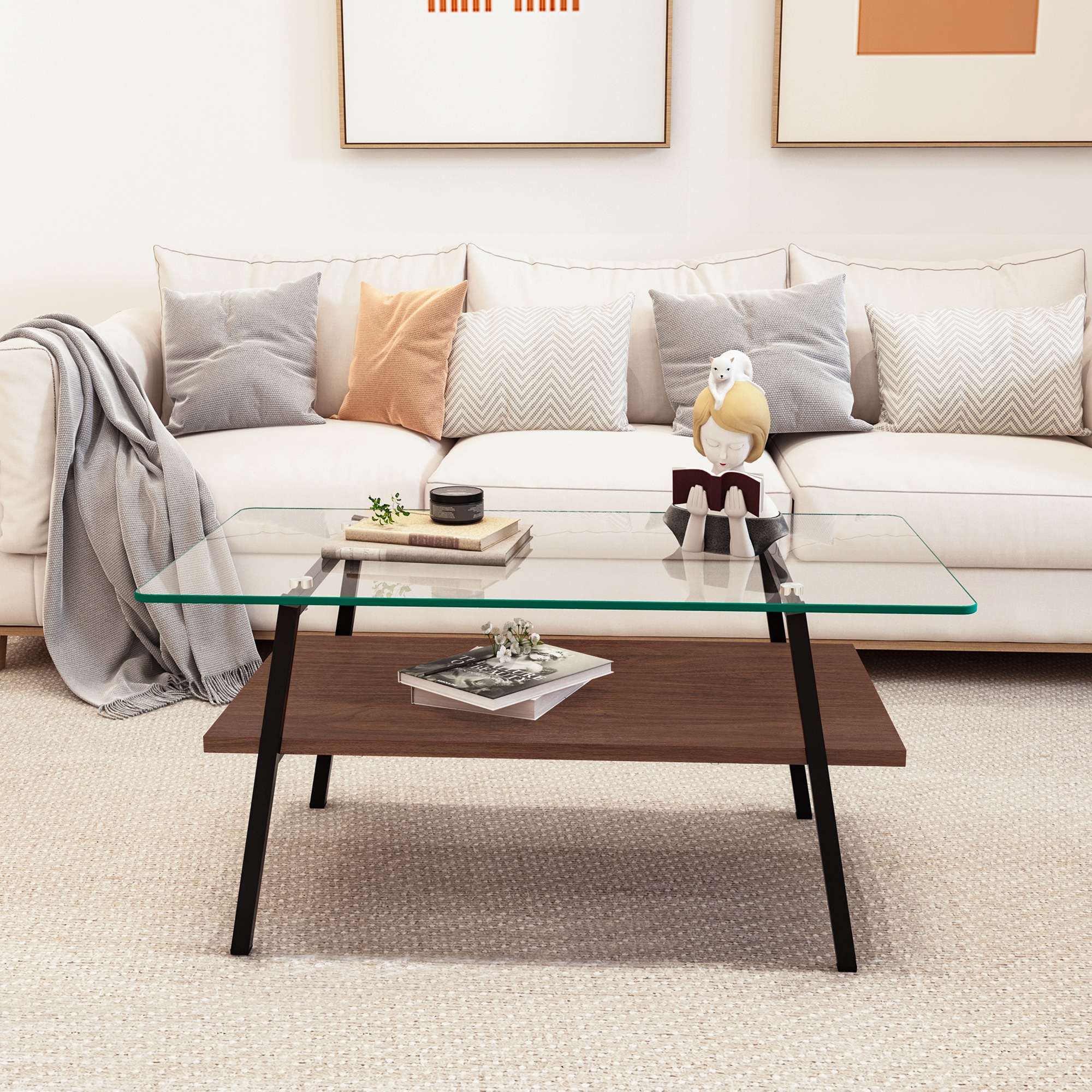 【国内出荷-送.料.無.料】モダン長方形コーヒーテーブル強化ガラス天板+MDF収納棚リビング用クリアガラス+ブラック脚~65 【国内出荷-送.料.無.料】モダン長方形コーヒーテーブル強化ガラス天板+MDF収納棚リビング用クリアガラス+ブラック脚~65