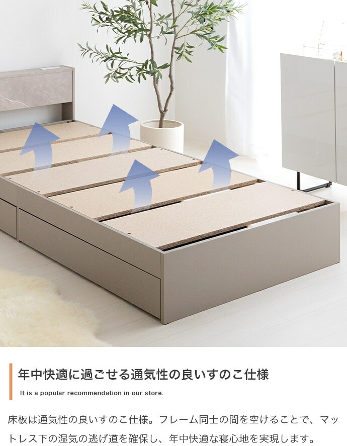 コンセント付引き出し収納ベッド　シングル　ベッド　シングル　宮棚付き　収納付き　すのこ　ロー　ポケットコイル　引き出し２杯