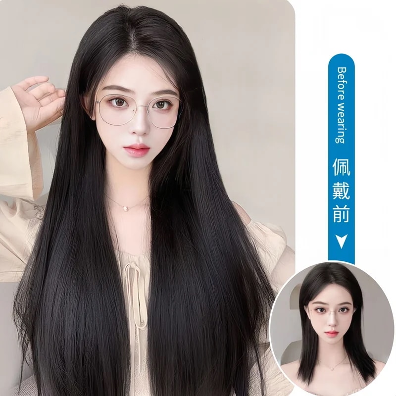女性用ロングストレートヘアウィッグ,ミディアム,シルク,ロング,ハイウエスト,ブラック