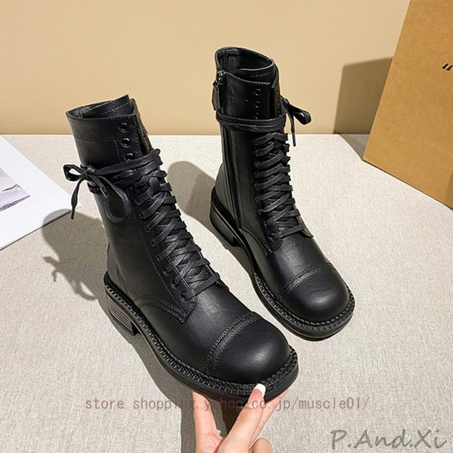 編み上げブーツ レディース ショートブーツ チャンキーヒール プラットフォーム レースアップブーツ ストーム ブーティ 4cm 黒 ブーティー 厚底 歩きやすい