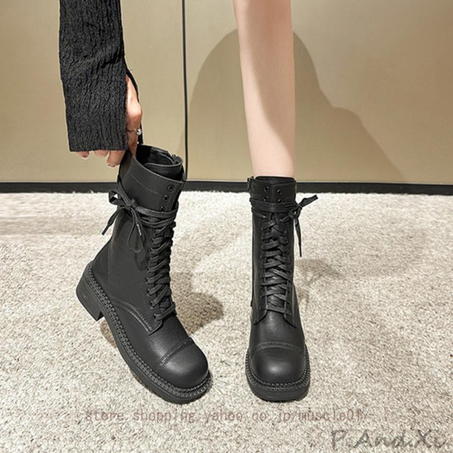 編み上げブーツ レディース ショートブーツ チャンキーヒール プラットフォーム レースアップブーツ ストーム ブーティ 4cm 黒 ブーティー 厚底 歩きやすい