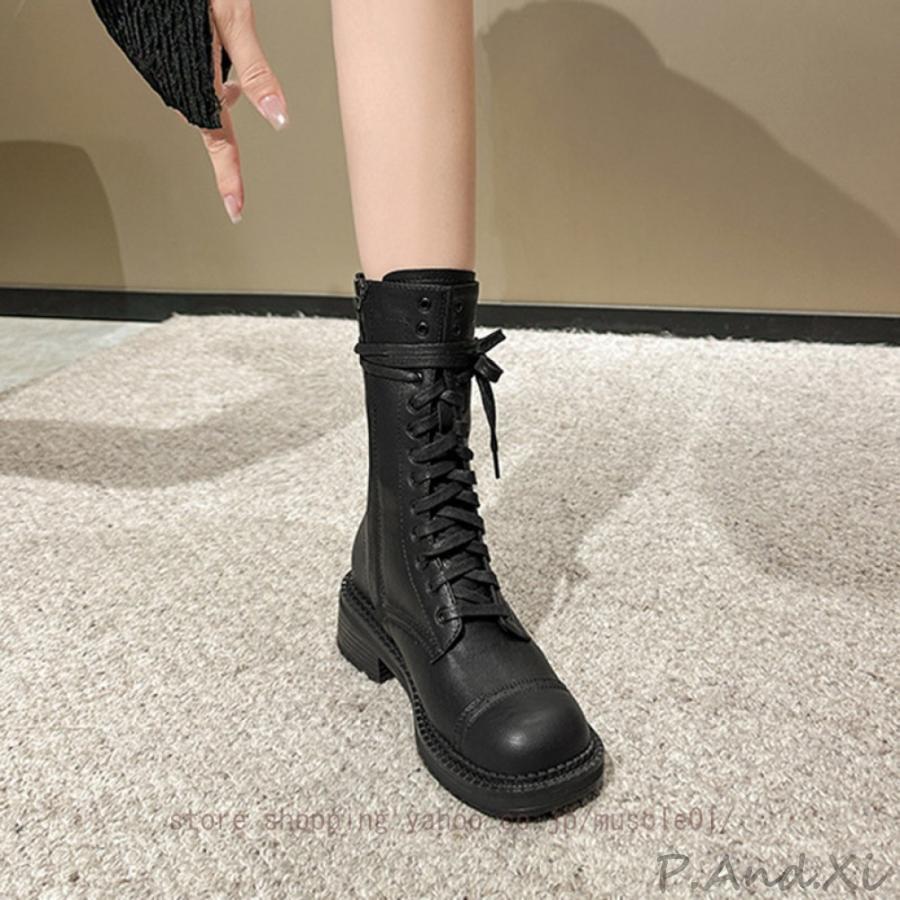 編み上げブーツ レディース ショートブーツ チャンキーヒール プラットフォーム レースアップブーツ ストーム ブーティ 4cm 黒 ブーティー 厚底 歩きやすい