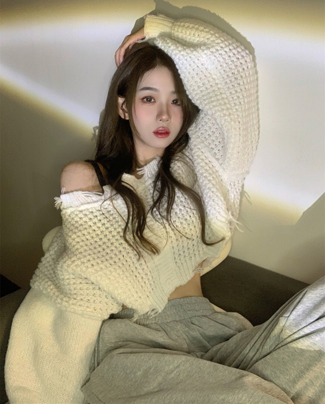 オフショルダー セータートップス ショート丈 袖あり 長袖 オフショル イージー ふわふわ ワッフル