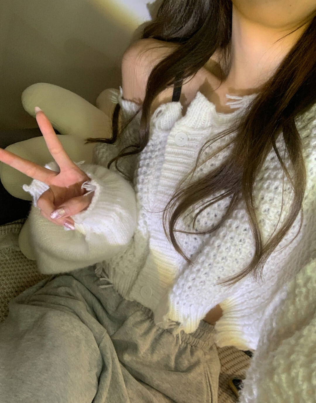 オフショルダー セータートップス ショート丈 袖あり 長袖 オフショル イージー ふわふわ ワッフル